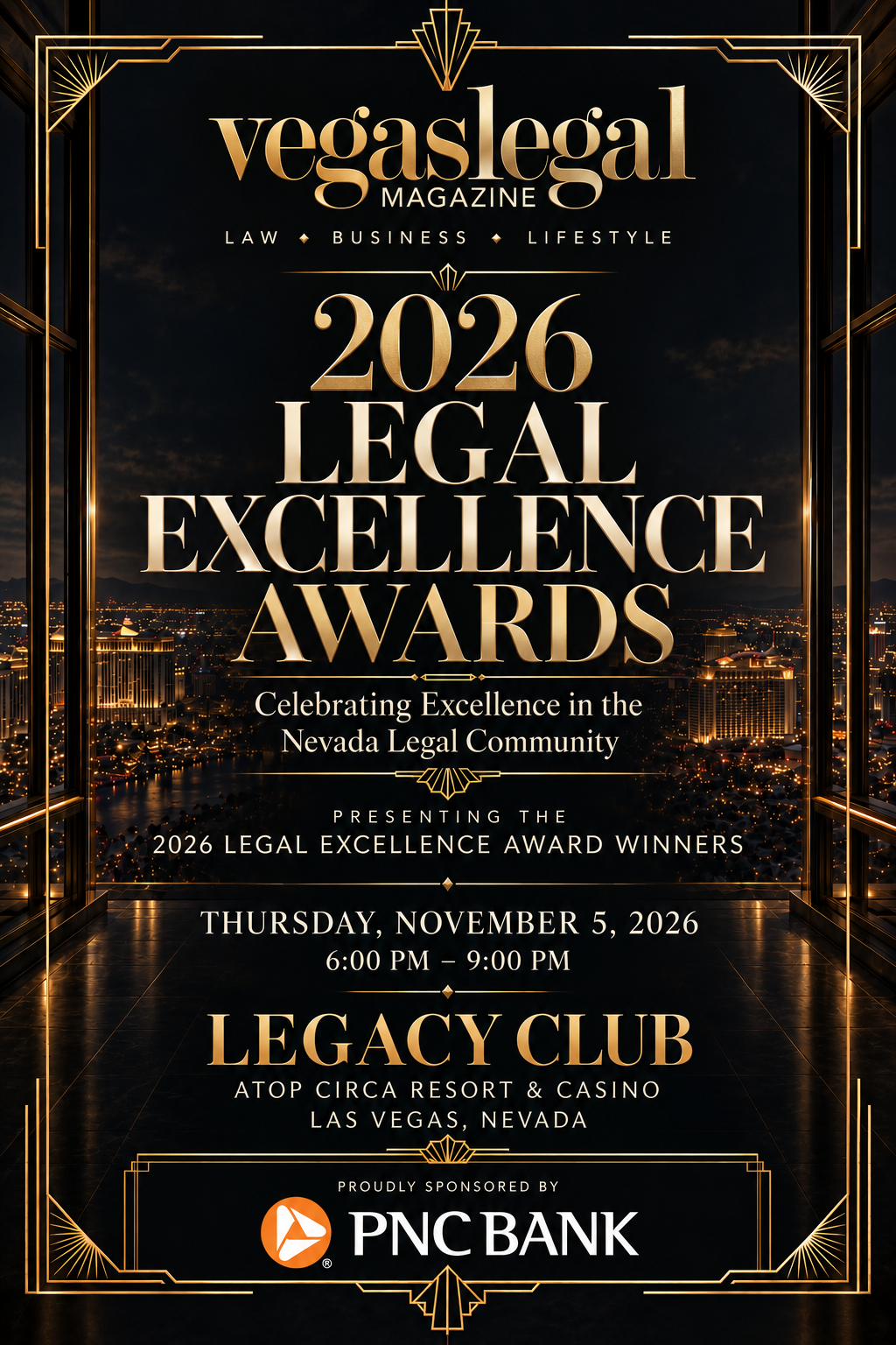 Vegas Legal Magazine 2026 Legal Excellence Awards invitation, November 19 2026 at the Legacy Club atop Circa