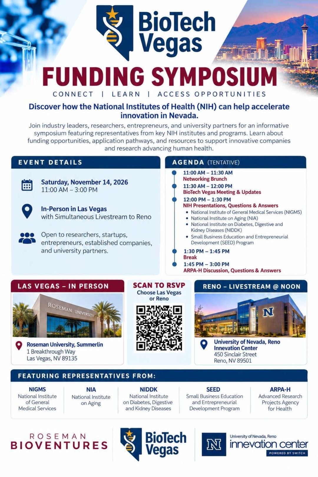 BioTech Vegas Funding Symposium flyer, Saturday November 14 2026, Roseman University Summerlin