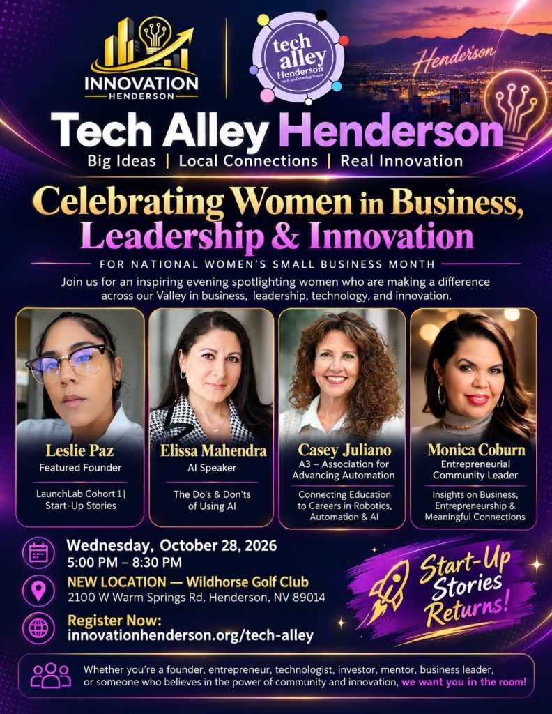 Tech Alley Henderson flyer: Celebrating Women in Business, Leadership & Innovation, Wednesday Oct 28 2026, 5–8:30 PM at Wildhorse Golf Club, featuring Leslie Paz, Elissa Mahendra, Casey Juliano and Monica Coburn