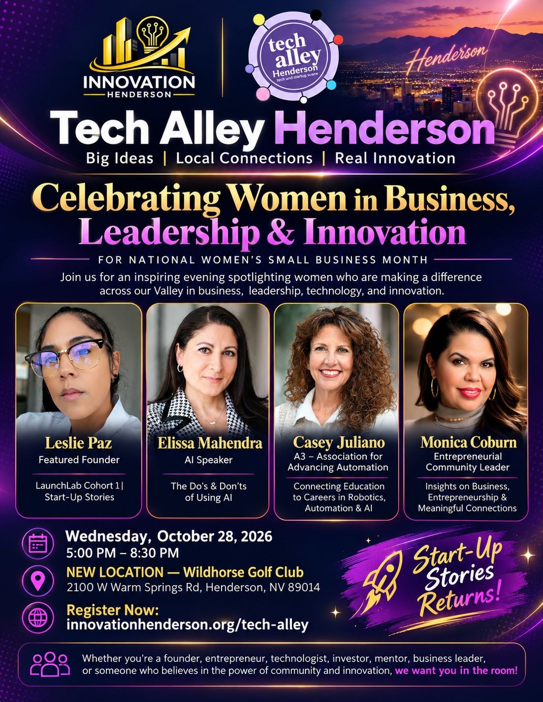 Tech Alley Henderson flyer: Celebrating Women in Business, Leadership & Innovation, Wednesday Oct 28 2026, 5–8:30 PM at Wildhorse Golf Club, featuring Leslie Paz, Elissa Mahendra, Casey Juliano and Monica Coburn